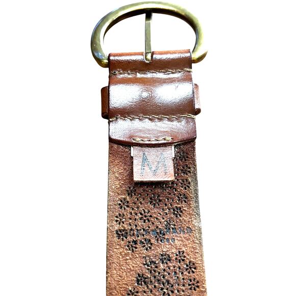 Vintage Lucky Brand brown leather belt M brass buckle tooled paisley Boho FLAWS - Picture 2 of 7